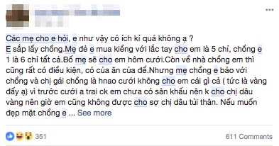 Con dâu ấm ức vì mẹ chồng không trao vàng ngày cưới gây tranh cãi