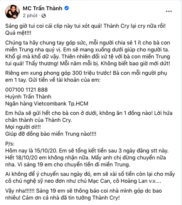 Ngôi sao - Trấn Thành ủng hộ 300 triệu đồng cứu trợ bà con vùng lũ miền Trung (Hình 3).