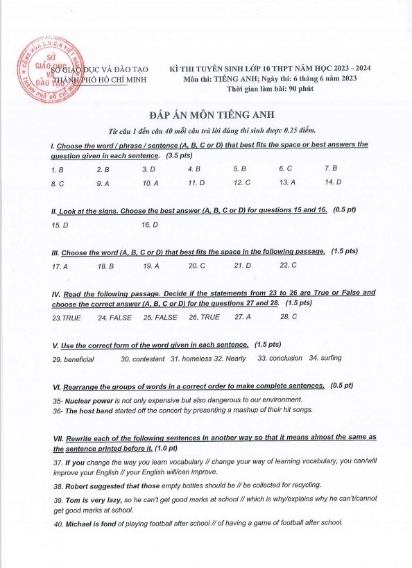 Giáo dục - Công bố đáp án chính thức 3 môn thi tuyển sinh lớp 10 tại Tp.HCM (Hình 9).