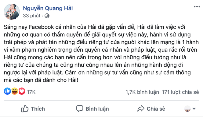 Thể thao - Quang Hải chính thức lên tiếng vụ Facebook bị hack lộ nhiều thông tin nhạy cảm (Hình 2).