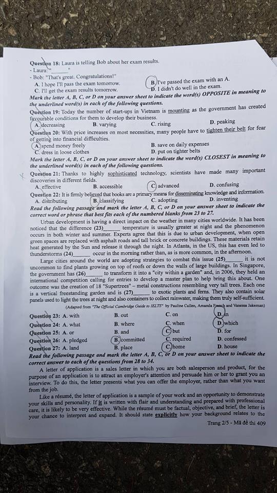 Đề thi, đáp án môn tiếng Anh mã đề 409 THPT Quốc gia 2018  chuẩn nhất (Hình 2).