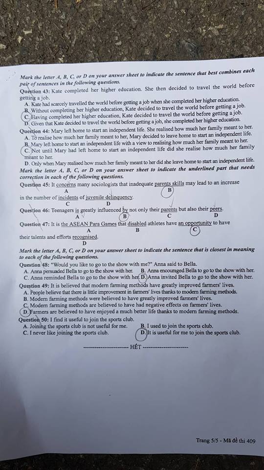 Đề thi, đáp án môn tiếng Anh mã đề 409 THPT Quốc gia 2018  chuẩn nhất (Hình 5).