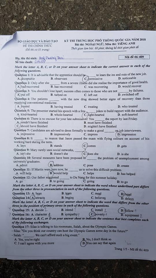 Đề thi, đáp án môn tiếng Anh mã đề 409 THPT Quốc gia 2018  chuẩn nhất