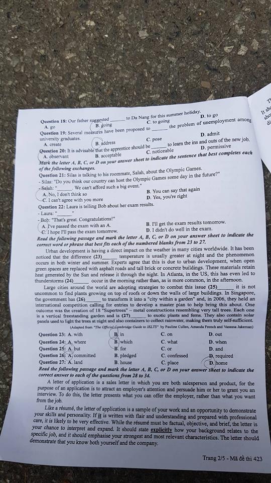 Đề thi, đáp án môn tiếng Anh mã đề 423 THPT Quốc gia 2018 chuẩn nhất (Hình 2).
