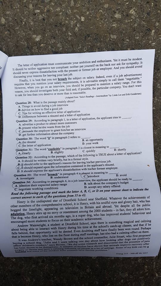 Đề thi, đáp án môn tiếng Anh mã đề 423 THPT Quốc gia 2018 chuẩn nhất (Hình 3).