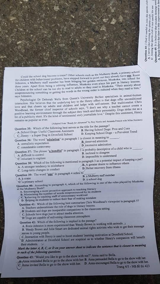 Đề thi, đáp án môn tiếng Anh mã đề 423 THPT Quốc gia 2018 chuẩn nhất (Hình 4).