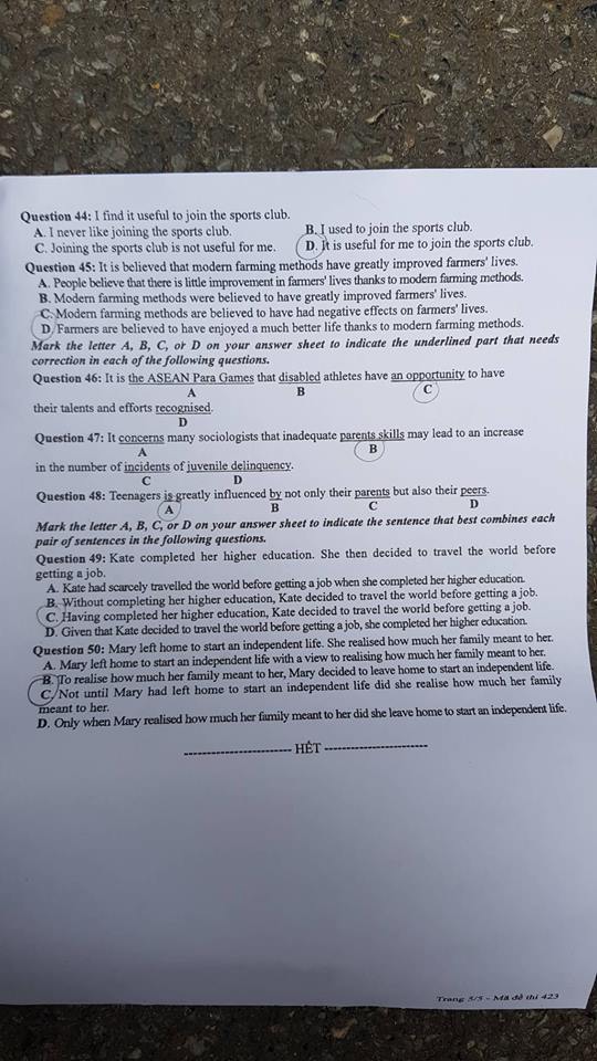 Đề thi, đáp án môn tiếng Anh mã đề 423 THPT Quốc gia 2018 chuẩn nhất (Hình 5).