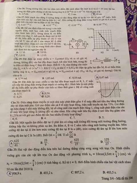 Đề thi, đáp án môn Vật lý mã đề 206 THPT Quốc gia 2018 chuẩn nhất (Hình 3).
