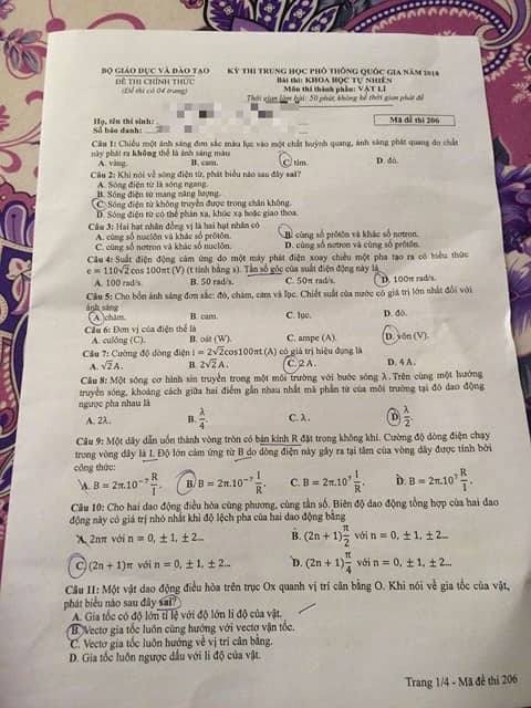 Đề thi, đáp án môn Vật lý mã đề 206 THPT Quốc gia 2018 chuẩn nhất
