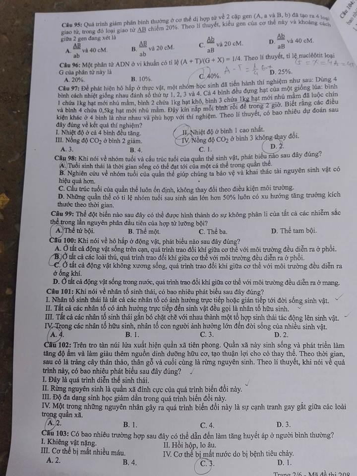 Đề thi, đáp án môn Sinh học mã đề 208  thi THPT Quốc gia 2018 chuẩn nhất (Hình 2).