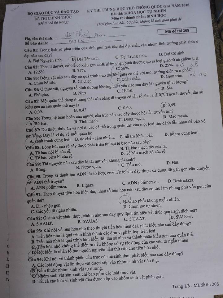 Đề thi, đáp án môn Sinh học mã đề 208  thi THPT Quốc gia 2018 chuẩn nhất