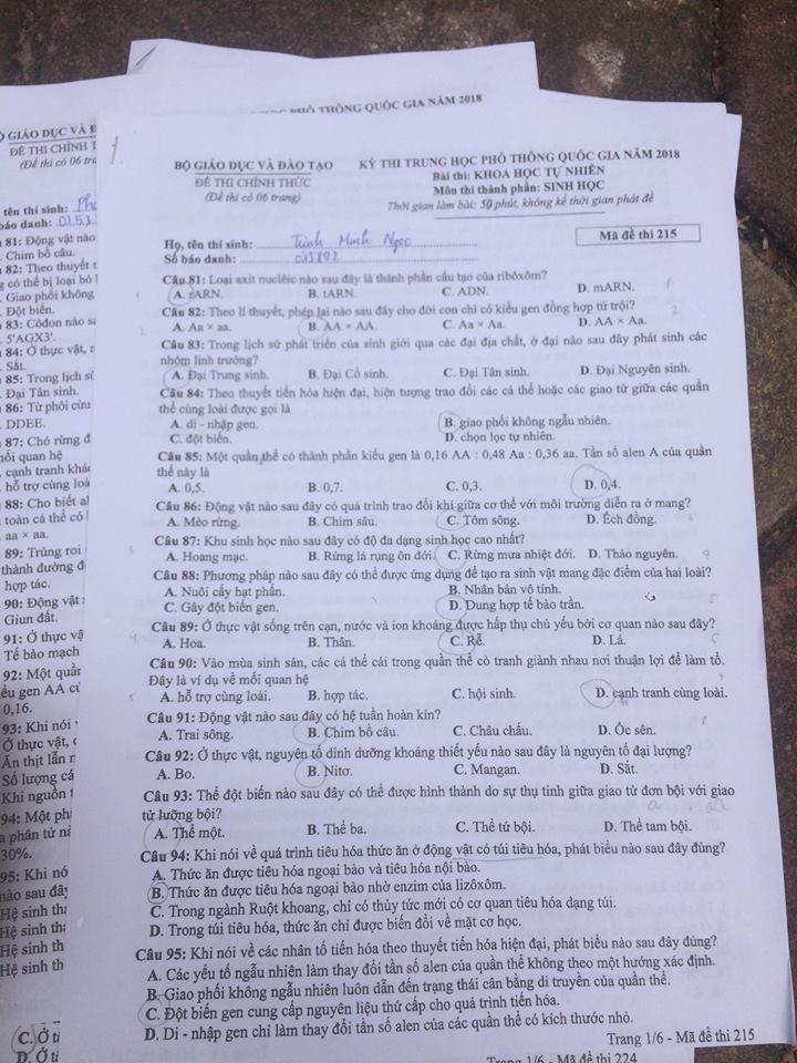 Đề thi, đáp án môn Sinh học mã đề 215 THPT Quốc gia 2018 chuẩn nhất