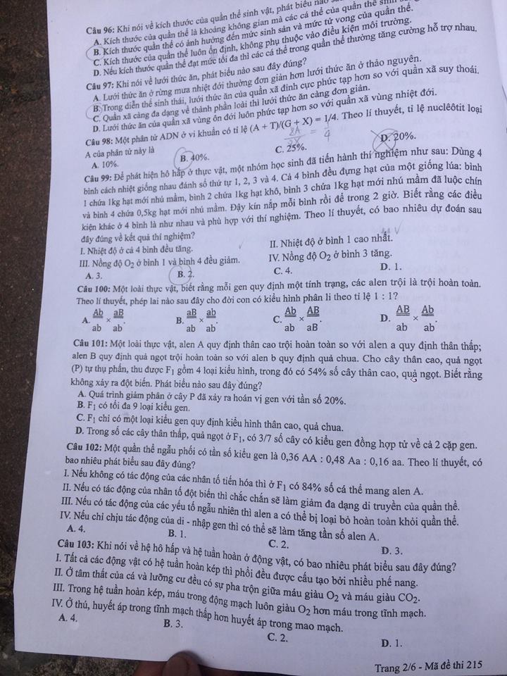 Đề thi, đáp án môn Sinh học mã đề 215 THPT Quốc gia 2018 chuẩn nhất (Hình 2).