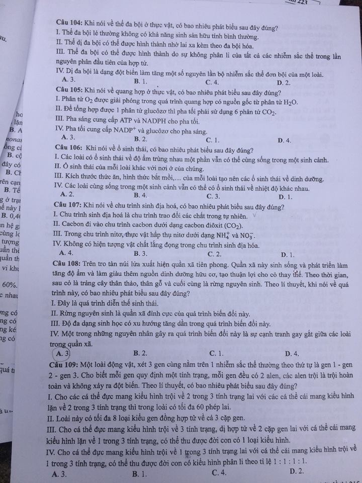 Đề thi, đáp án môn Sinh học mã đề 215 THPT Quốc gia 2018 chuẩn nhất (Hình 3).