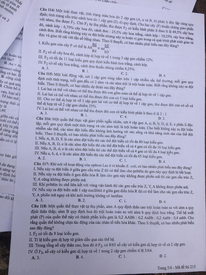 Đề thi, đáp án môn Sinh học mã đề 215 THPT Quốc gia 2018 chuẩn nhất (Hình 5).