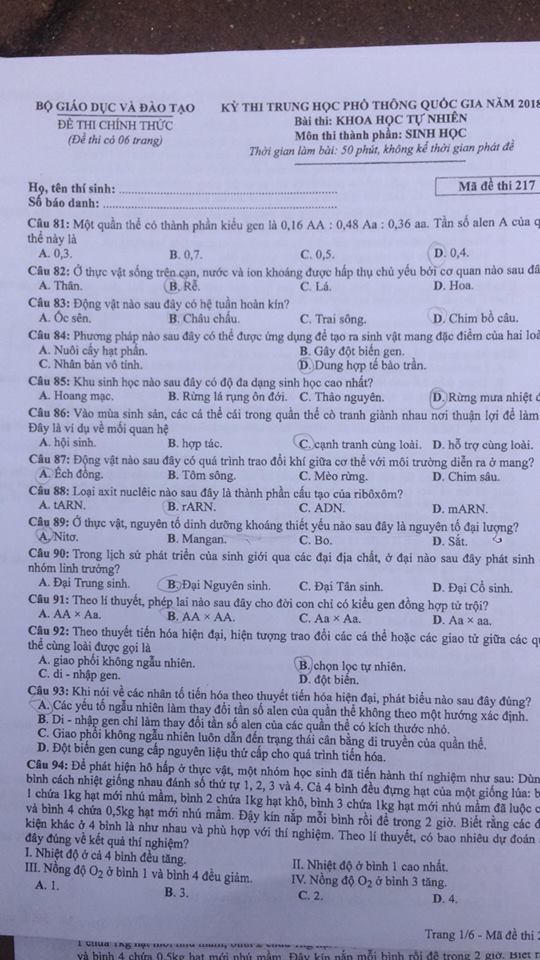 Đề thi, đáp án môn Sinh học mã đề 217  thi THPT Quốc gia 2018 chuẩn nhất