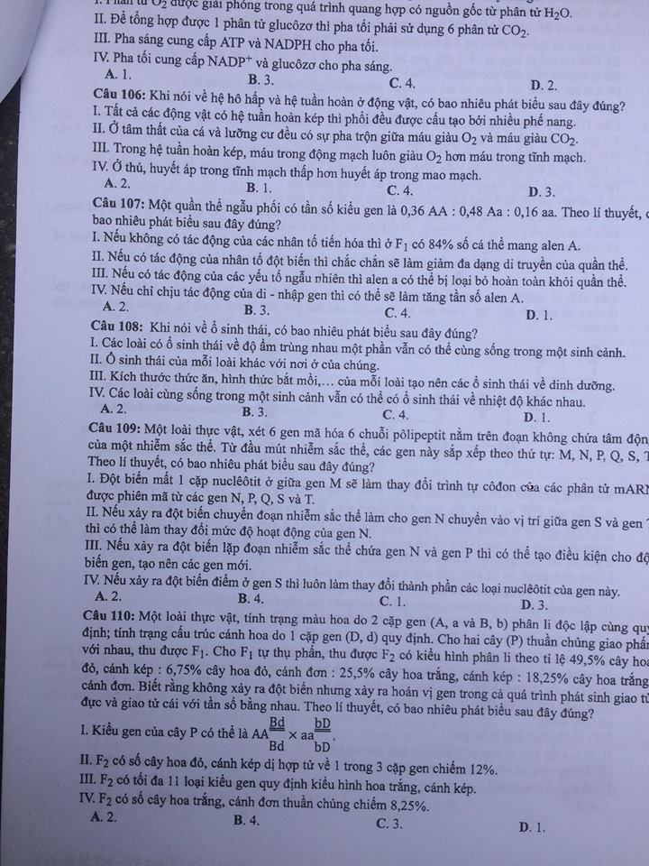 Đề thi, đáp án môn Sinh học mã đề 217  thi THPT Quốc gia 2018 chuẩn nhất (Hình 3).