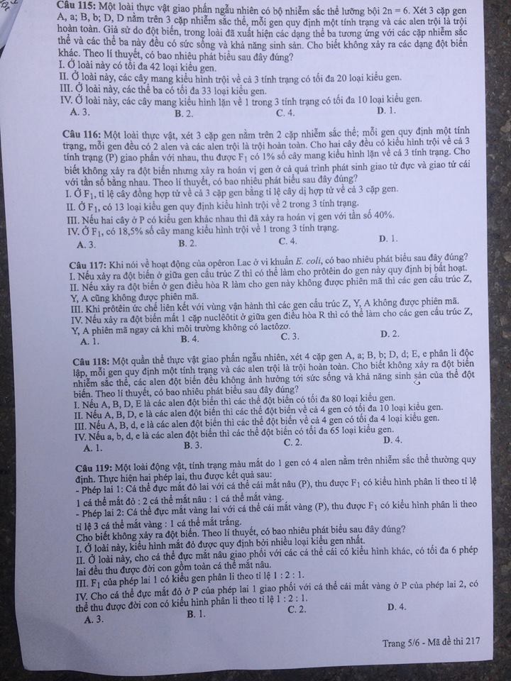Đề thi, đáp án môn Sinh học mã đề 217  thi THPT Quốc gia 2018 chuẩn nhất (Hình 5).