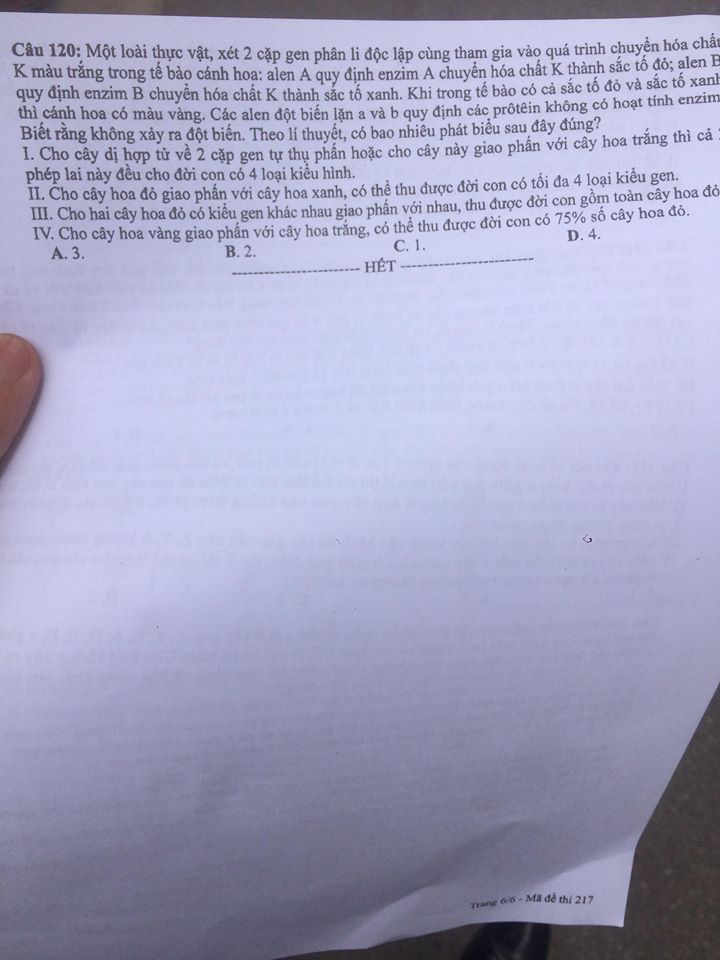 Đề thi, đáp án môn Sinh học mã đề 217  thi THPT Quốc gia 2018 chuẩn nhất (Hình 6).
