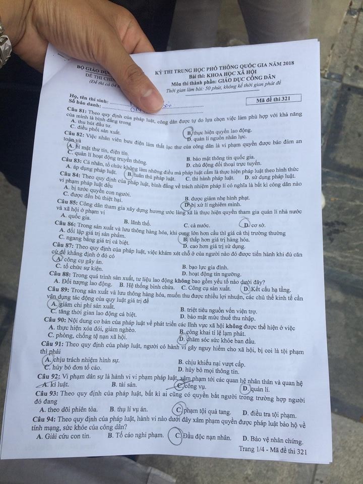 Đề thi, đáp án môn  Giáo dục công dân mã đề 321 THPT Quốc gia 2018 chuẩn nhất