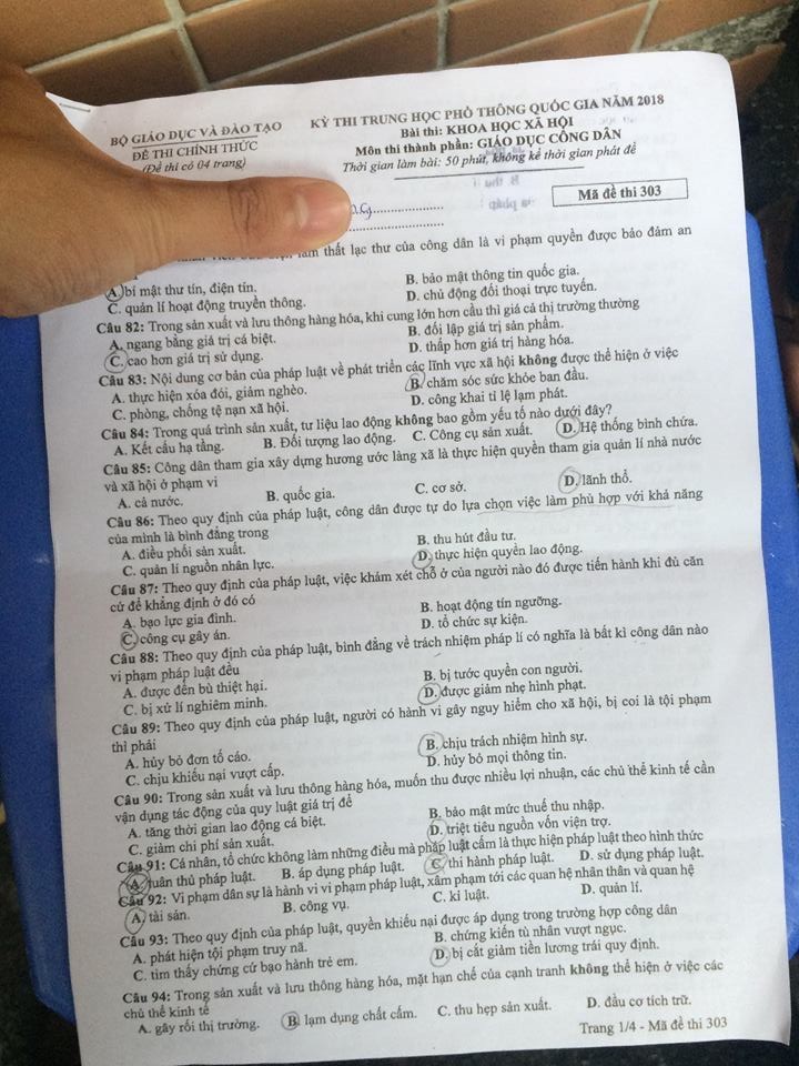 Đề thi, đáp án môn Giáo dục công dân mã đề 304 THPT Quốc gia 2018 chuẩn nhất