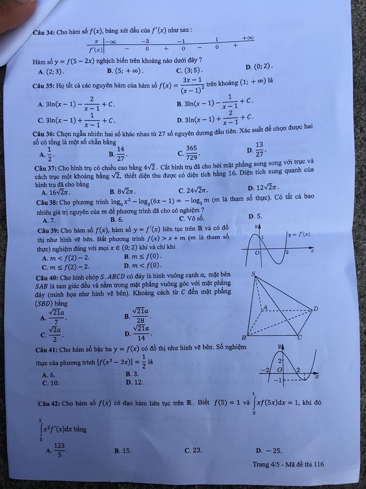 Giáo dục - Đáp án đề thi môn Toán thi THPT Quốc gia 2019 của bộ GD&ĐT mã đề 116 (Hình 5).