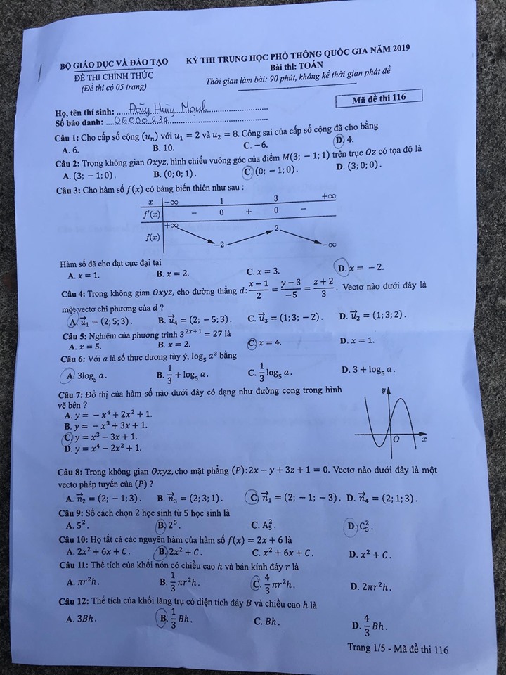 Giáo dục - Đáp án đề thi môn Toán thi THPT Quốc gia 2019 của bộ GD&ĐT mã đề 116 (Hình 2).