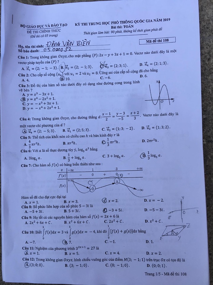 Giáo dục - Đáp án đề thi môn Toán thi THPT Quốc gia 2019 của bộ GD&ĐT mã đề 108 (Hình 3).