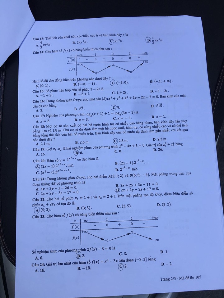 Giáo dục - Đáp án đề thi môn Toán thi THPT Quốc gia 2019 của bộ GD&ĐT mã đề 105 (Hình 3).