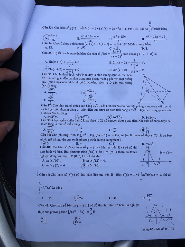 Giáo dục - Đáp án đề thi môn Toán thi THPT Quốc gia 2019 của bộ GD&ĐT mã đề 105 (Hình 5).