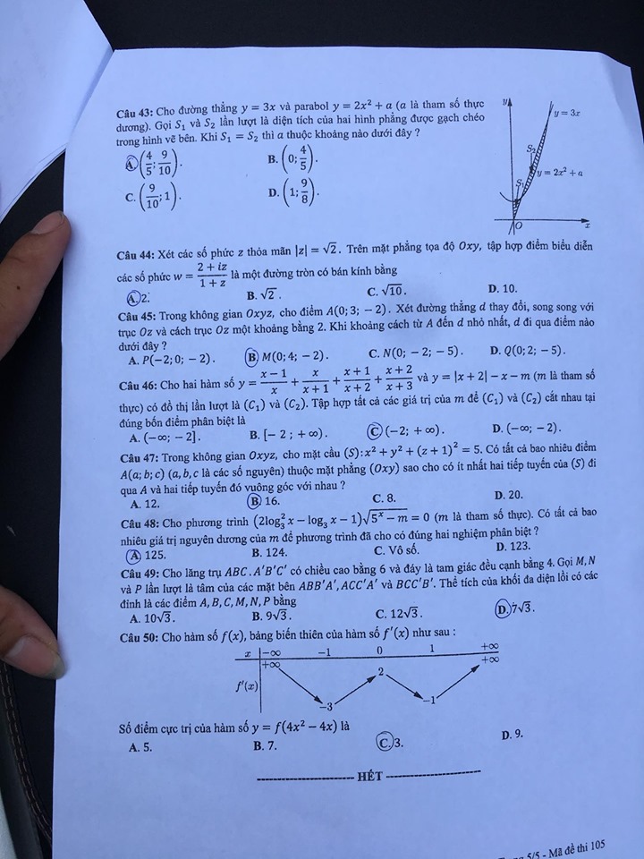 Giáo dục - Đáp án đề thi môn Toán thi THPT Quốc gia 2019 của bộ GD&ĐT mã đề 105 (Hình 6).