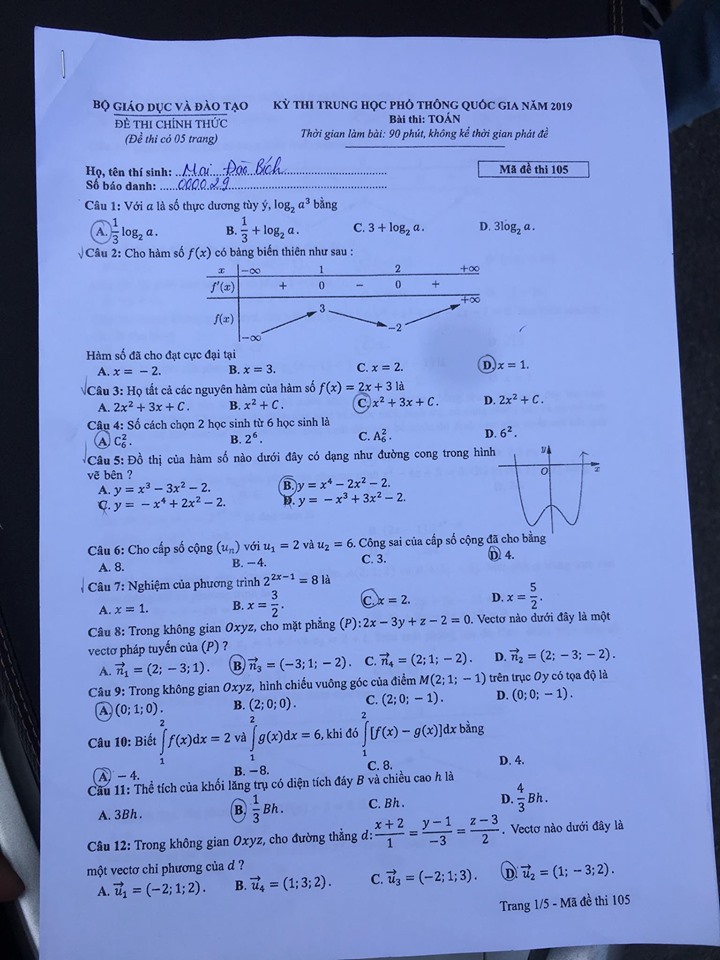 Giáo dục - Đáp án đề thi môn Toán thi THPT Quốc gia 2019 của bộ GD&ĐT mã đề 105 (Hình 2).