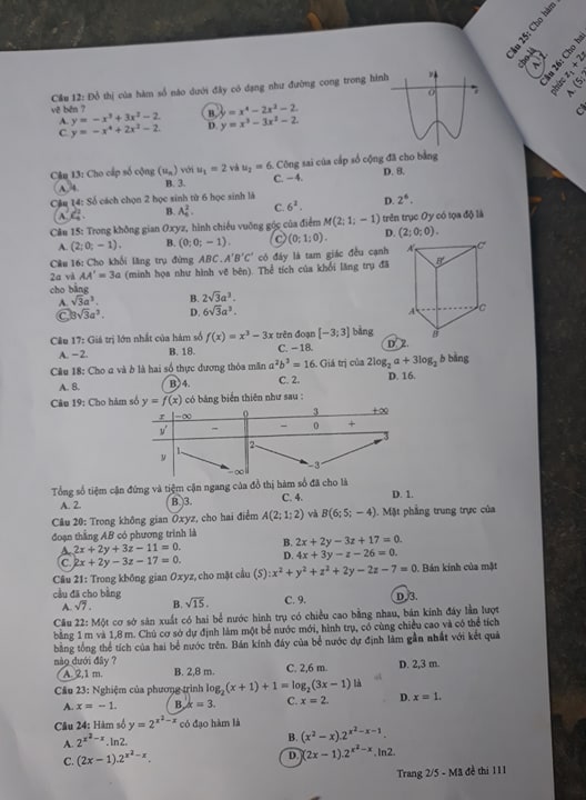 Giáo dục - Đáp án, đề thi môn Toán kỳ thi THPT Quốc gia 2019 chuẩn nhất mã đề 111 (Hình 3).