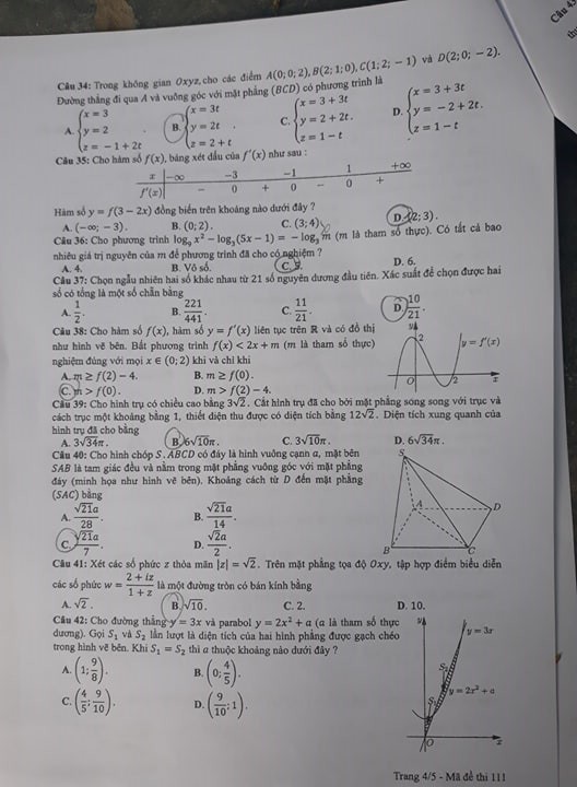 Giáo dục - Đáp án, đề thi môn Toán kỳ thi THPT Quốc gia 2019 chuẩn nhất mã đề 111 (Hình 5).