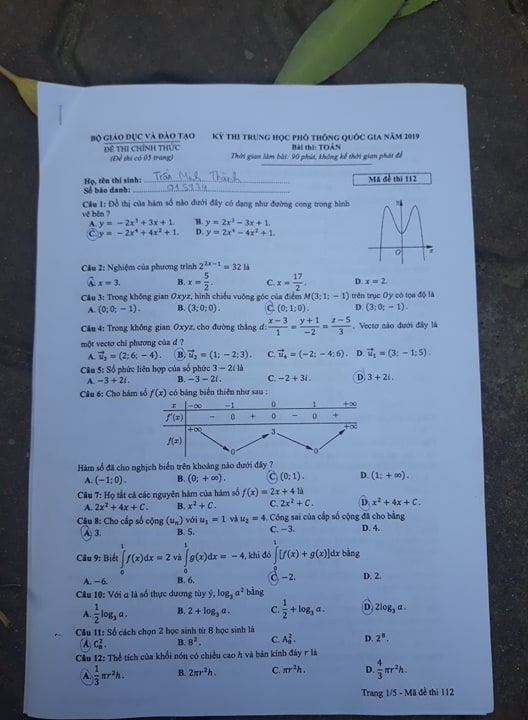 Giáo dục - Đáp án đề thi môn Toán thi THPT Quốc gia 2019 của bộ GD&ĐT mã đề 112 (Hình 2).