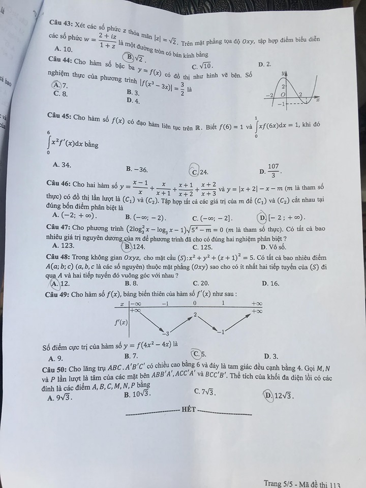 Giáo dục - Đáp án, đề thi môn Toán kỳ thi THPT Quốc gia 2019 chuẩn nhất mã đề 113 (Hình 6).