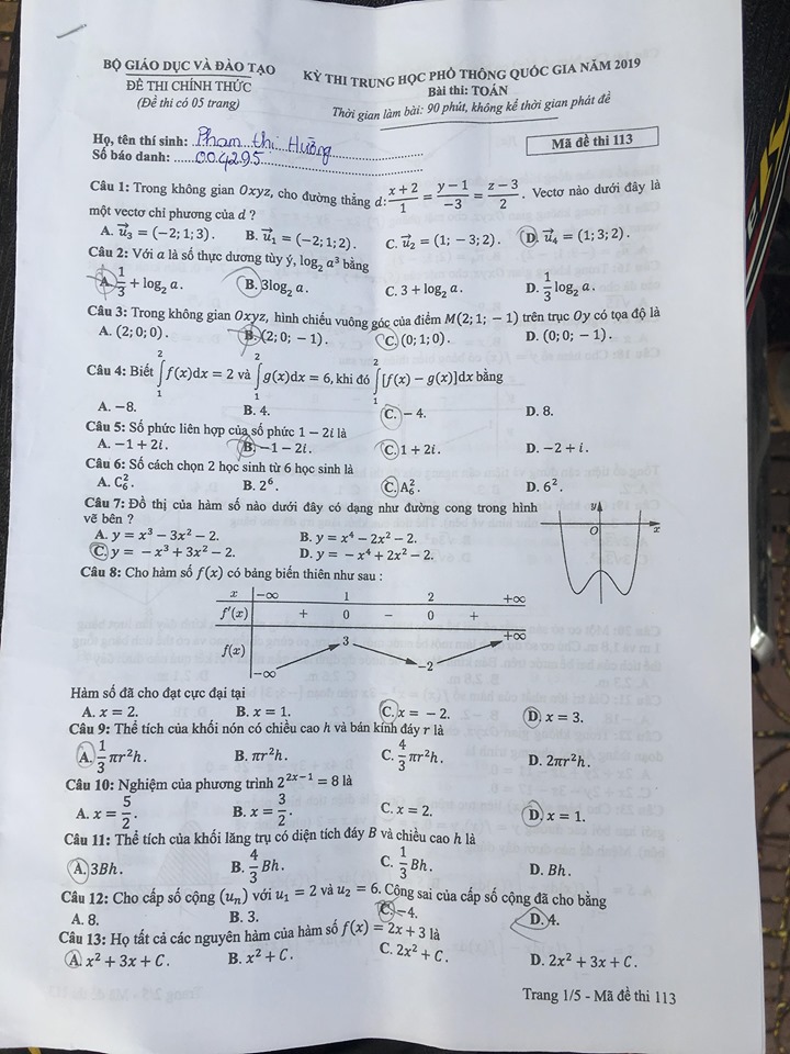 Giáo dục - Đáp án, đề thi môn Toán kỳ thi THPT Quốc gia 2019 chuẩn nhất mã đề 113 (Hình 2).