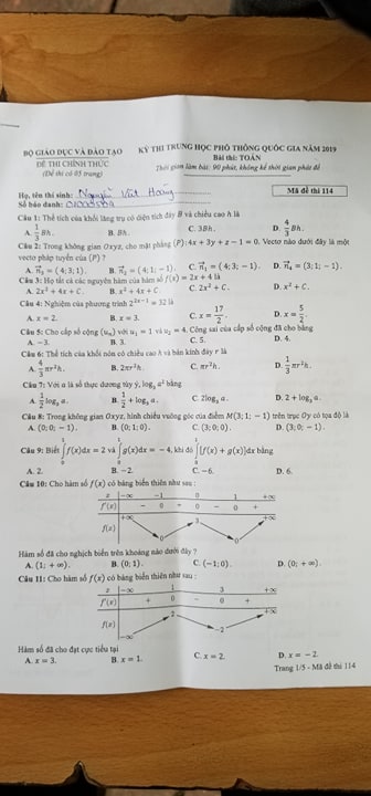 Giáo dục - Đáp án đề thi môn Toán kỳ thi THPT Quốc gia 2019 chuẩn nhất mã đề 114 (Hình 2).