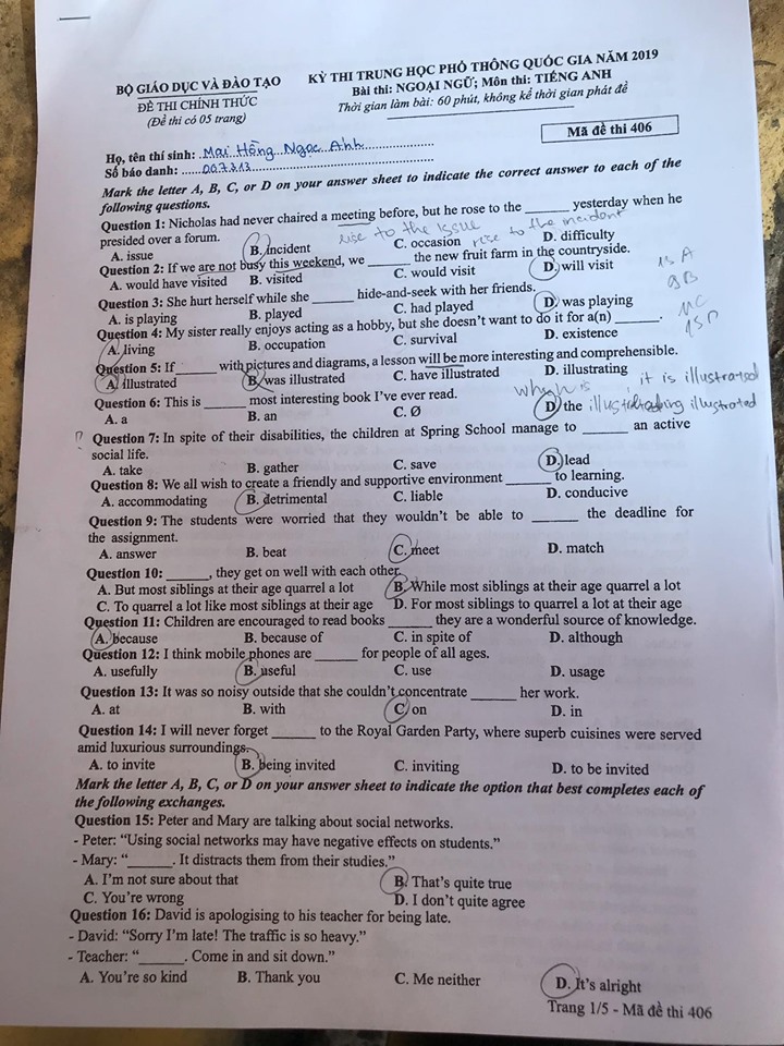 Giáo dục - Đáp án đề thi môn tiếng Anh mã đề 406 thi THPT Quốc gia 2019 của bộ GD&ĐT  (Hình 2).