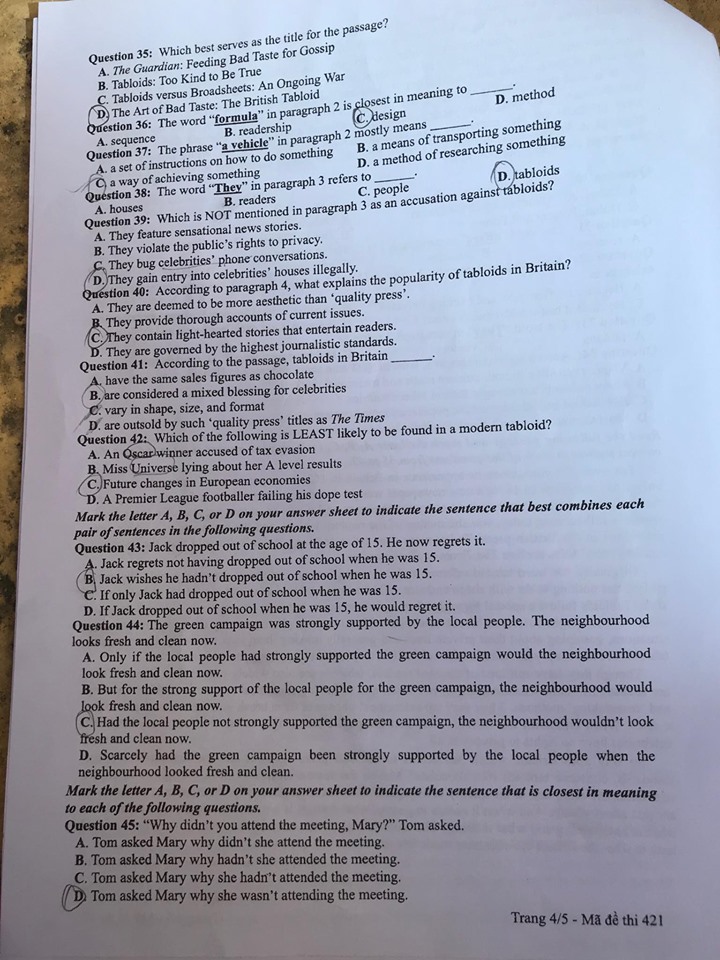 Giáo dục - Đáp án đề thi môn tiếng Anh mã đề 421 thi THPT Quốc gia 2019 chính xác nhất (Hình 5).