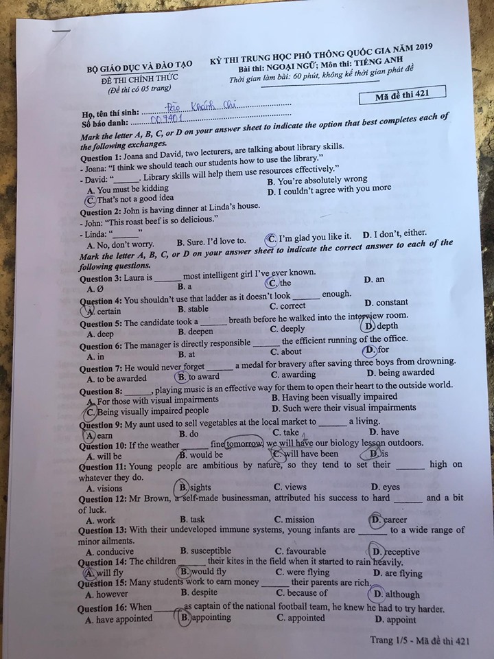 Giáo dục - Đáp án đề thi môn tiếng Anh mã đề 421 thi THPT Quốc gia 2019 chính xác nhất (Hình 2).