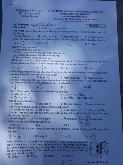 Giáo dục - Đáp án đề thi môn Vật Lý thi THPT Quốc Gia 2019 chuẩn nhất mã đề 213 (Hình 2).