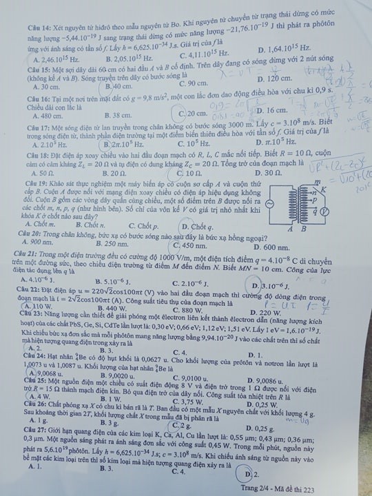 Giáo dục - Đáp án đề thi  môn Vật Lý thi THPT Quốc Gia 2019 chuẩn nhất mã đề 223 (Hình 3).