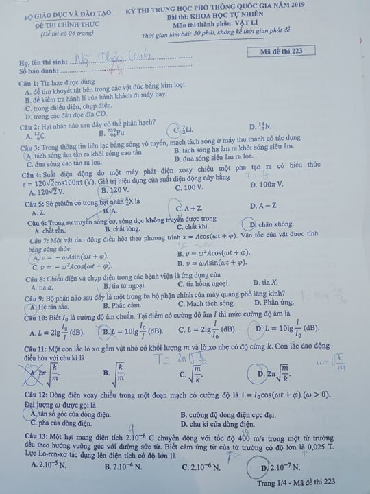 Giáo dục - Đáp án đề thi  môn Vật Lý thi THPT Quốc Gia 2019 chuẩn nhất mã đề 223 (Hình 2).