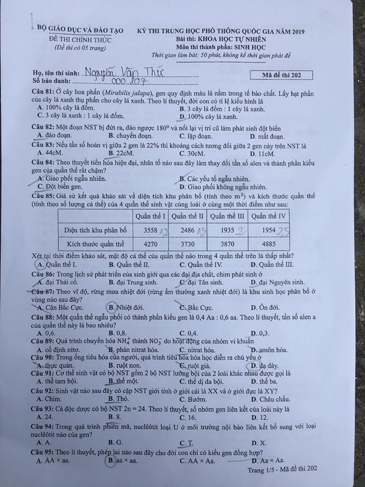 Giáo dục - Đáp án đề thi môn Sinh học mã đề 202 thi THPT Quốc gia 2019 chuẩn nhất (Hình 2).