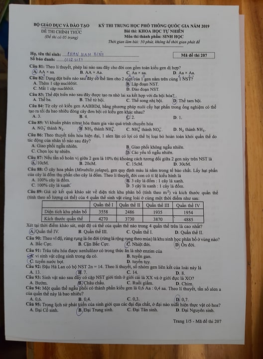 Giáo dục - Đáp án đề thi môn Sinh học mã đề 207 thi THPT Quốc gia 2019 chuẩn nhất (Hình 2).