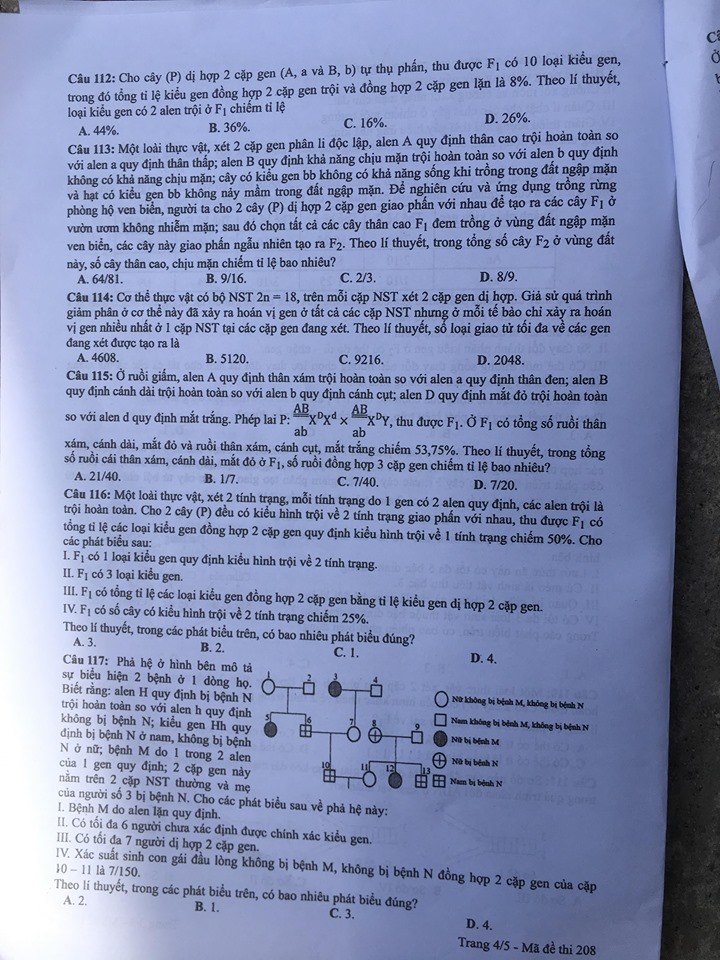 Giáo dục - Đáp án đề thi môn Sinh học mã đề 208 thi THPT Quốc gia 2019 chuẩn nhất (Hình 5).