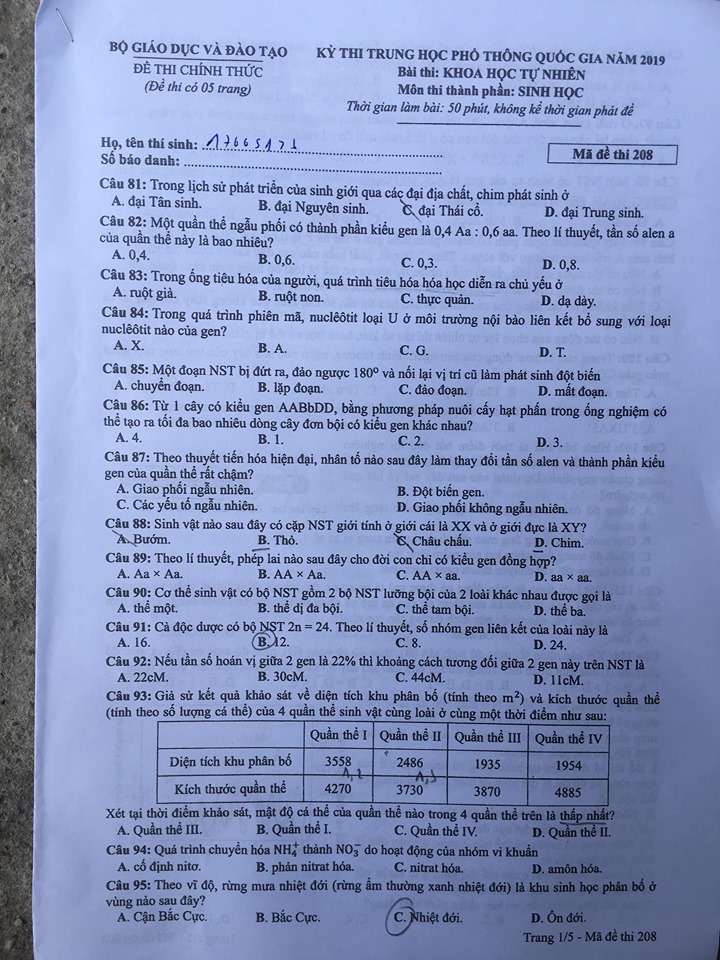 Giáo dục - Đáp án đề thi môn Sinh học mã đề 208 thi THPT Quốc gia 2019 chuẩn nhất (Hình 2).