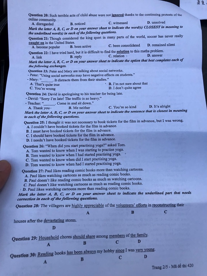 Giáo dục - Đáp án đề thi môn tiếng Anh mã đề 420 thi THPT Quốc gia 2019 chính xác nhất (Hình 3).