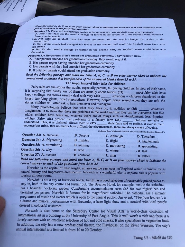 Giáo dục - Đáp án đề thi môn tiếng Anh mã đề 420 thi THPT Quốc gia 2019 chính xác nhất (Hình 4).